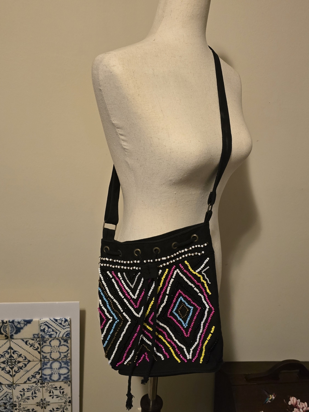 Rue21 Black Beaded Crossbody Bag with Pink, Yellow, Blue, White Accents